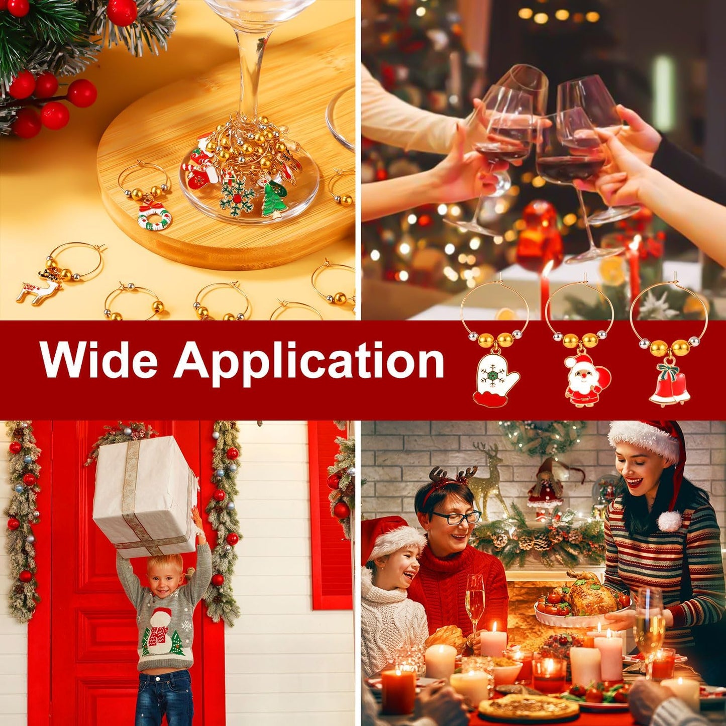 20pcs Christmas Wine Glass Charms, Cute Wine Glass Markers Tags Charms with Flannel Bag Christmas Theme Drink Identifier for Stem Glasses for Wine Tasting Party Favors Decorations