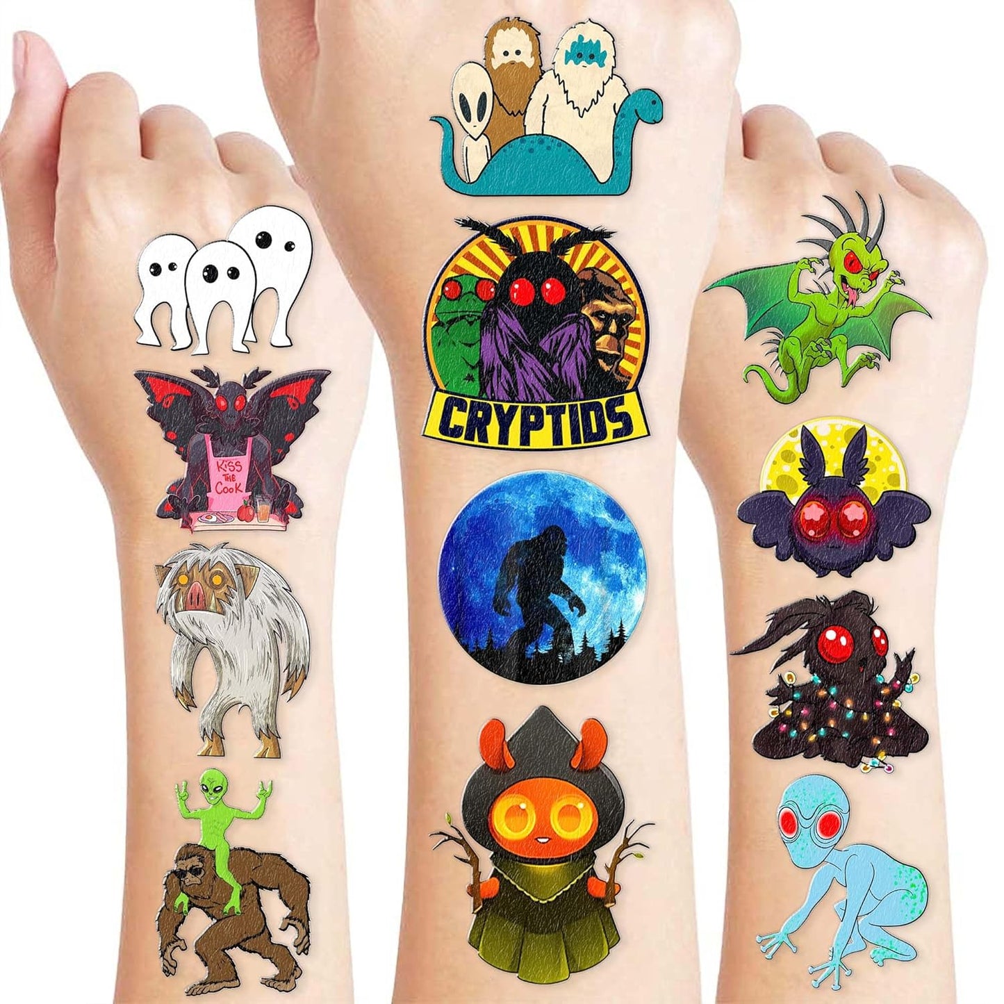 96PCS Cute Cryptid Temporary Tattoos Themed Halloween Birthday Party Decorations Supplies Favors Decor Cool Alien Bigfoot Mothman Yeti Tattoo Stickers Gifts For Kids Boys Girls School Prizes Carnival