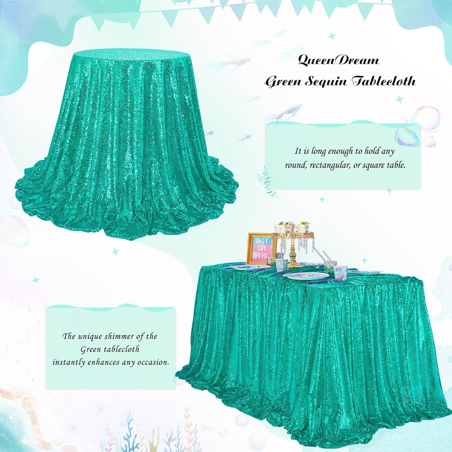 QueenDream Lake Green Party Decorations Sequin Tablecloth: Glitter Overlay 90x90 Inch Table Drapes for Banquet Wedding Theme Mermaid Party Planners