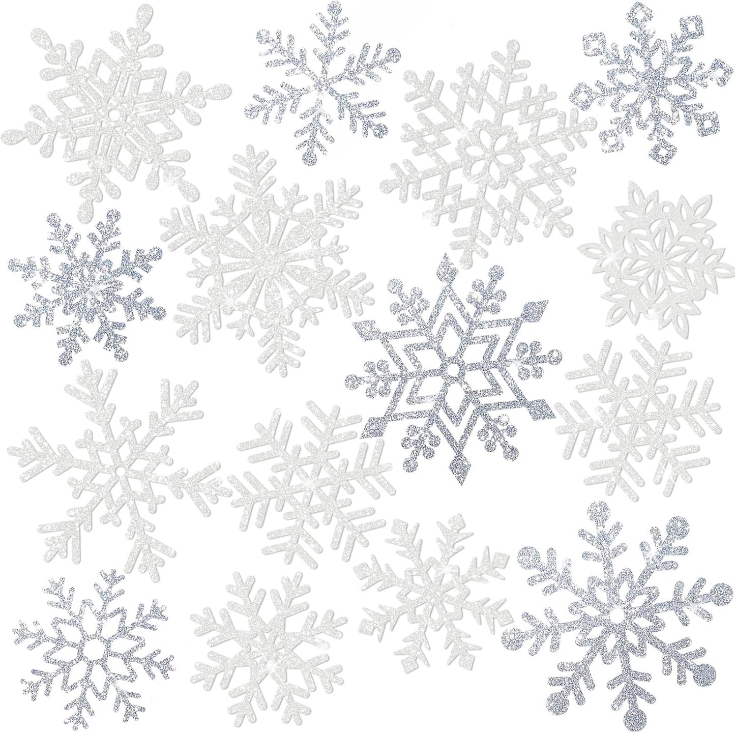 Winter Snowflake Cutouts Glitter Paper Snowflake Decorations - 100Pcs White and Silver Snow Flake Double-Side Christmas Cutouts for Holiday Winter Wonderland Bulletin Board, Frozen Party Decor
