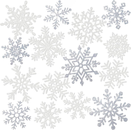 Winter Snowflake Cutouts Glitter Paper Snowflake Decorations - 100Pcs White and Silver Snow Flake Double-Side Christmas Cutouts for Holiday Winter Wonderland Bulletin Board, Frozen Party Decor