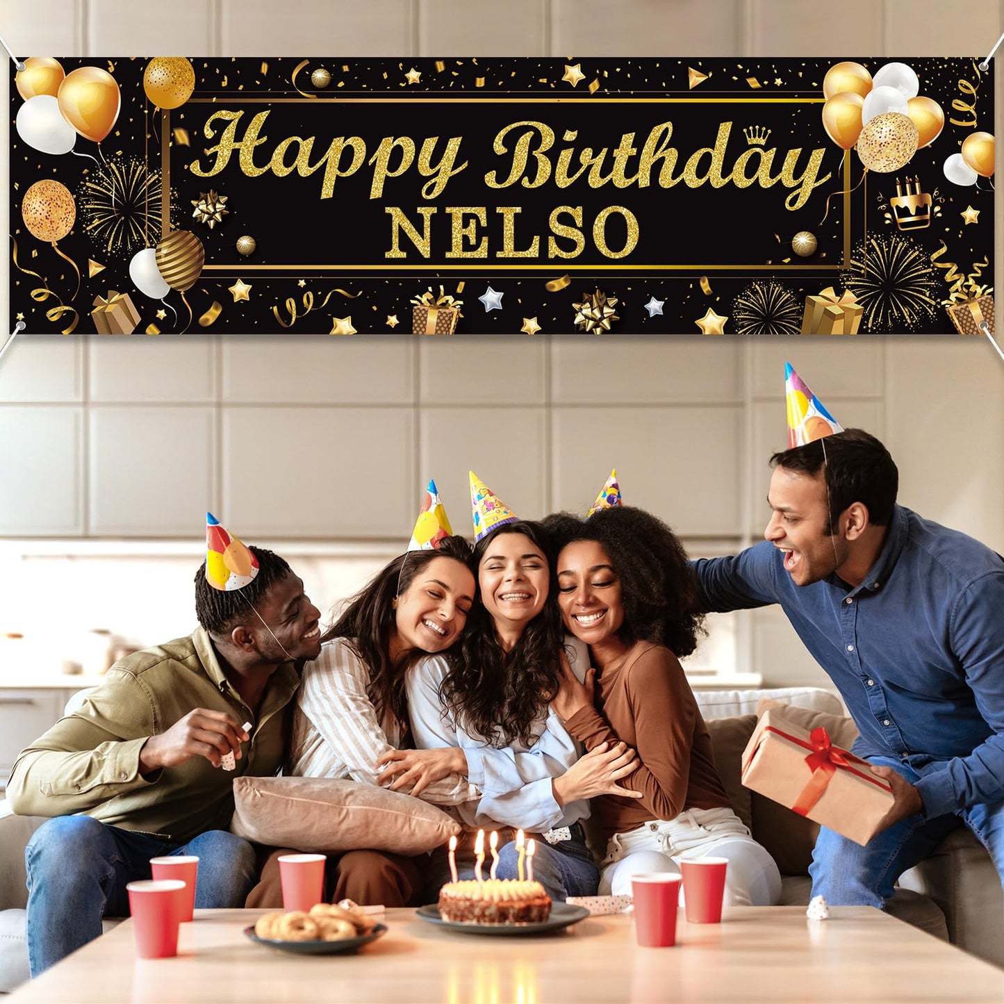 Lonfliness Personalized Birthday Banner Happy Birthday Party Decoration Custom DIY Black Gold