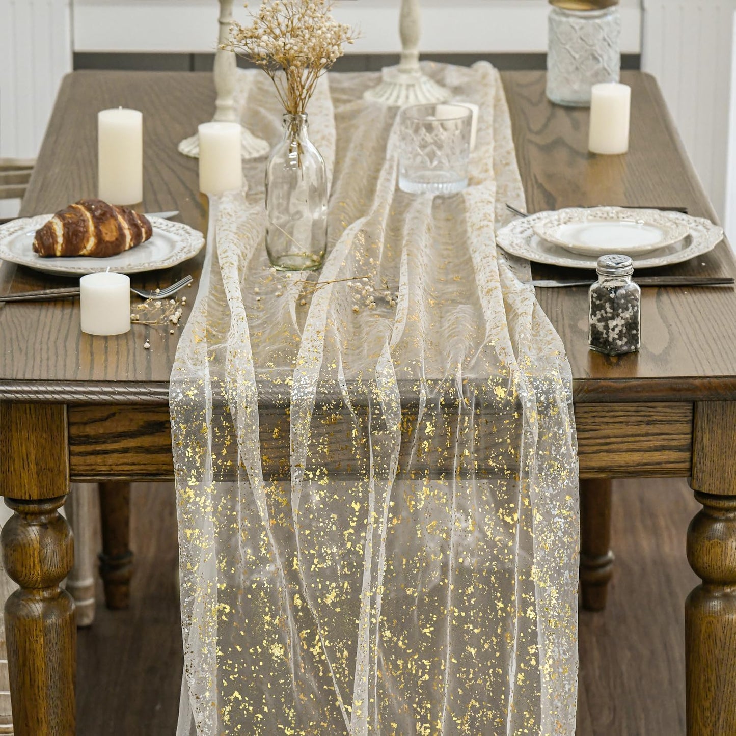Artoid Mode Beige Gold Gauze Table Runner 120 Inch 10FT, Glitter Metallic Foil Sheer Dining Wedding