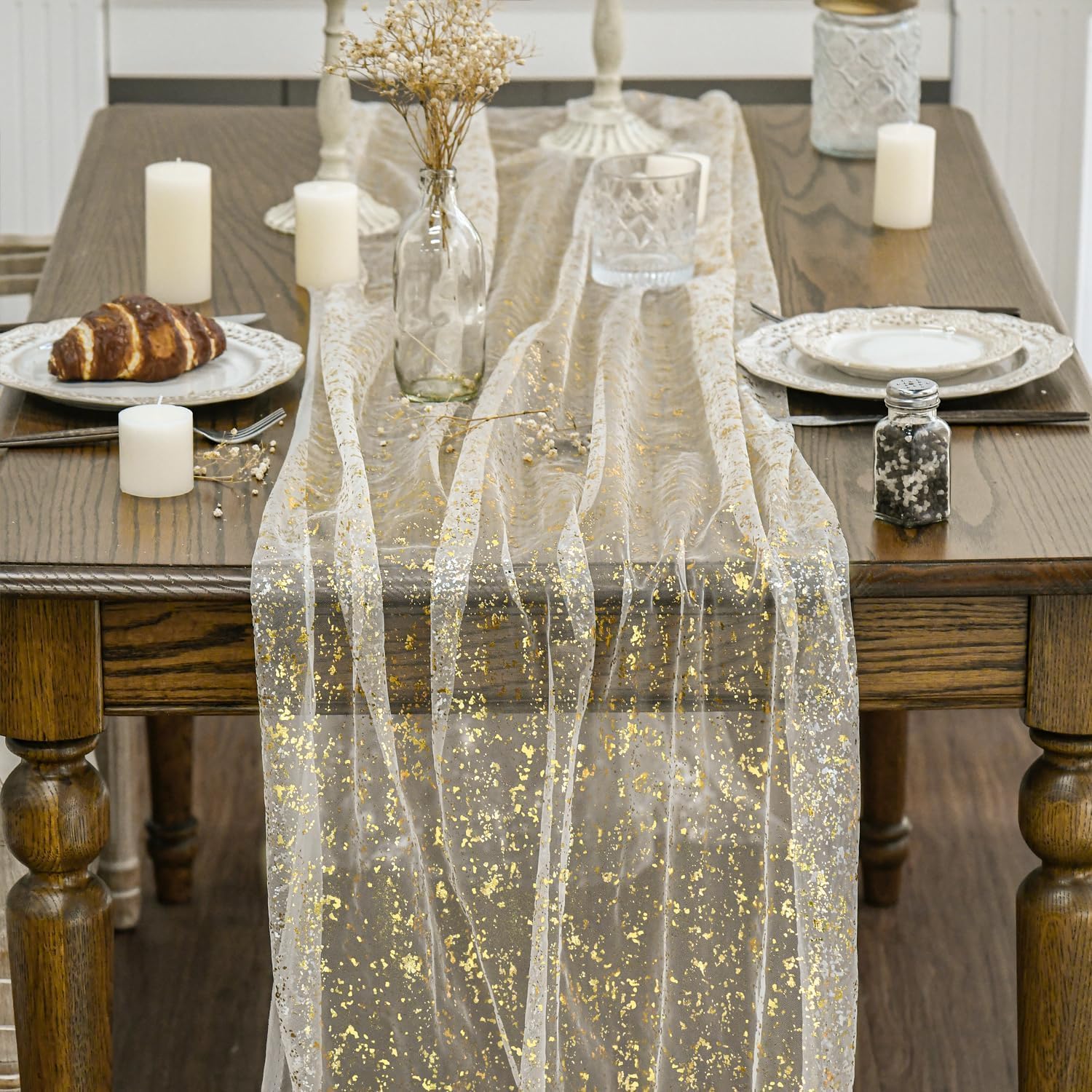 Artoid Mode Beige Gold Gauze Table Runner 120 Inch 10FT, Glitter Metallic Foil Sheer Dining Wedding