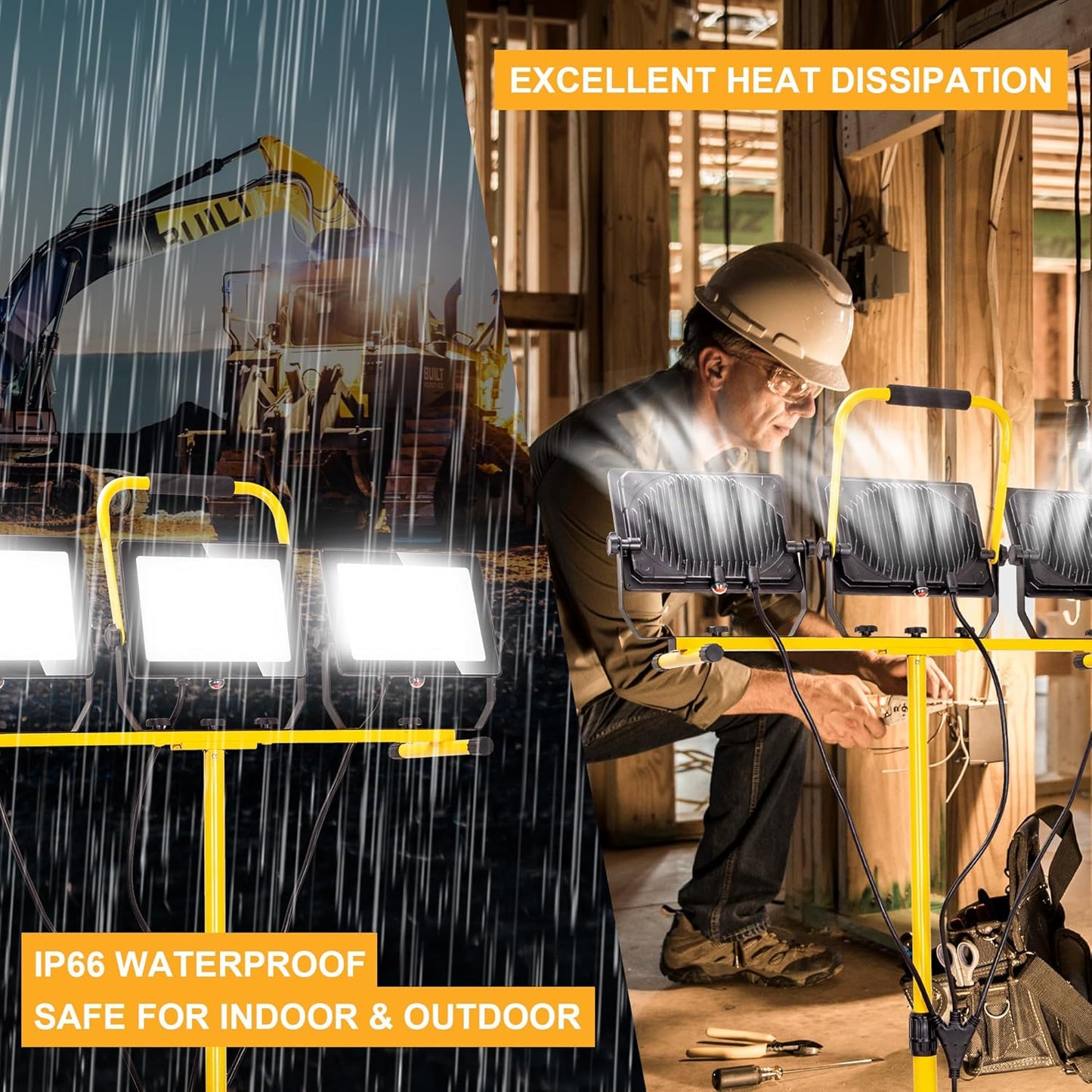 LED Worklights 60000Lumen, 3 Head 600W Work Light, Portable, with Stand, with 13.5FT Cord, IP66 Waterproof, Tripod, for Outdoor Indoor, Construction Site