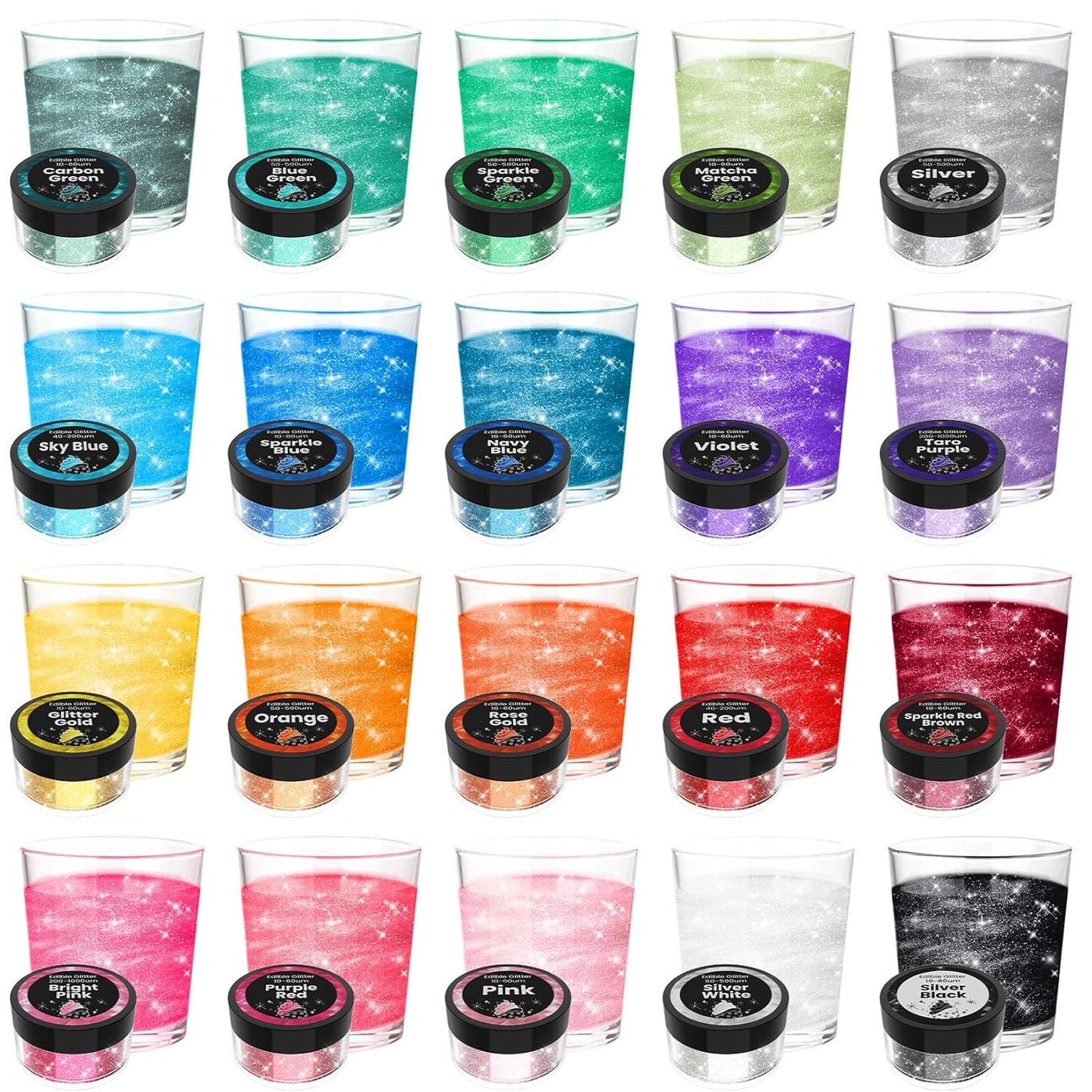 Edible Glitter for Drinks - 20 Glimmer Colors Luster Dust Edible, Food Grade Shimmering Cake Decorating Edible Glitter for Cocktail, Cakes, Chocolate, Strawberries, Beverage, Vegan - 2g/bottle