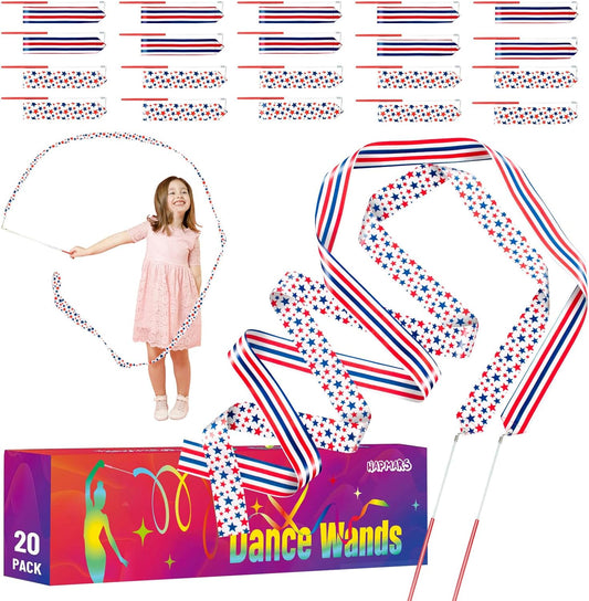20 Pack Ribbon Dancer Wands for Patriotic Party Favors Supplies, Dancing Ribbon Stars and Stripes Streamers Ribbon Twirling Wand for Independence Day Labor Day Decorations Party Supplies