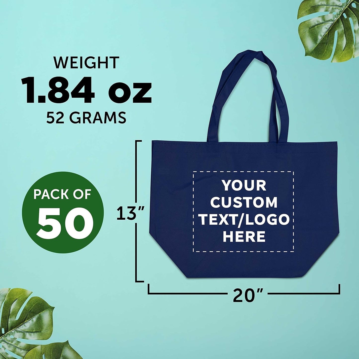 DISCOUNT PROMOS Custom Southern Style Grocery Tote Bags Set of 50 - Personalized Bulk Pack, Reusable Grocery & Shopping Bags - Great for Travel, Business Promotions - Navy Blue - 20"X13"X8"
