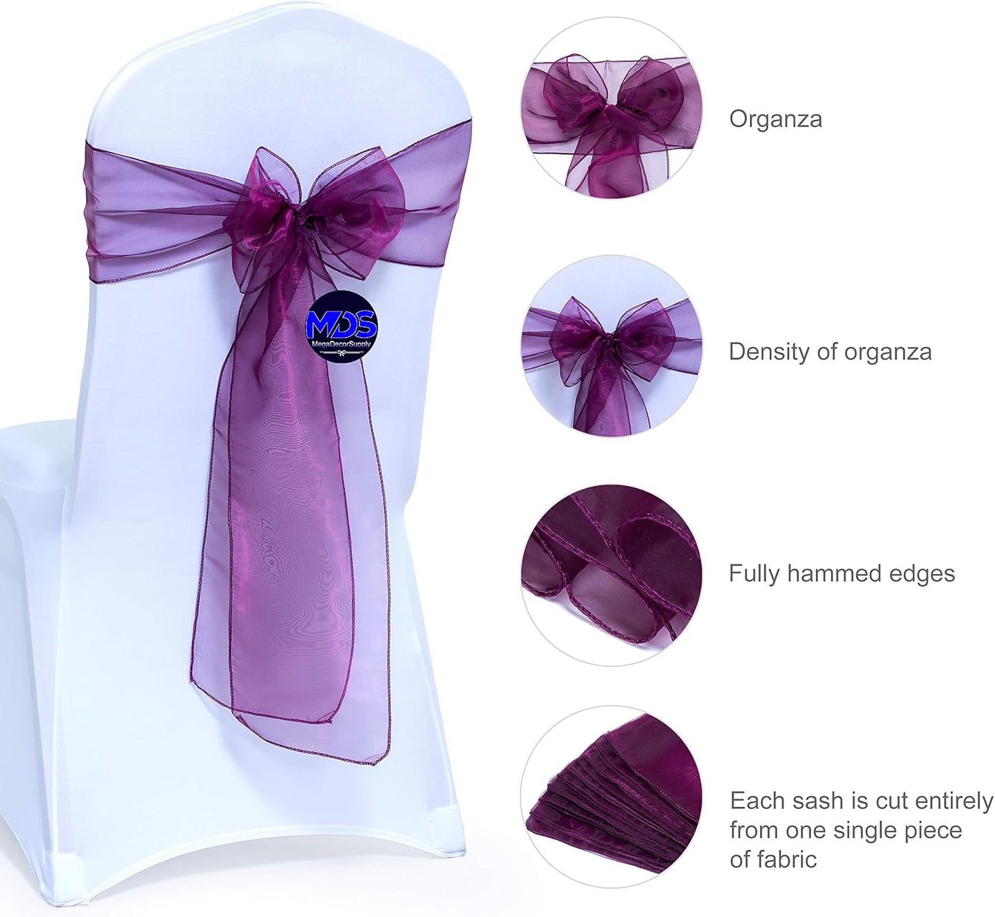MDS Pack of 150 PCS Organza Chair Sashes Wider Dining Chair Bows Ribbon Tie Back for Wedding Party Birthday Bridal Shower Reception Event Banquet Home Chair Cover Decoration - Eggplant