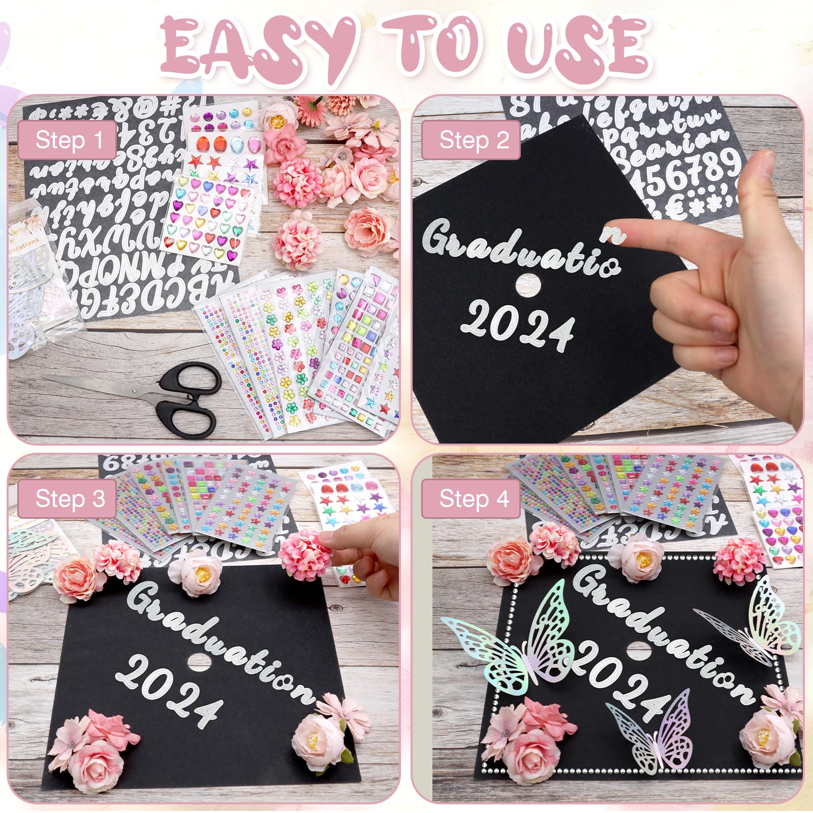 ZYNERY Graduation Cap Decorations Kit, Grad Cap Decorations Includes Glitter Paper 3D Butterfly