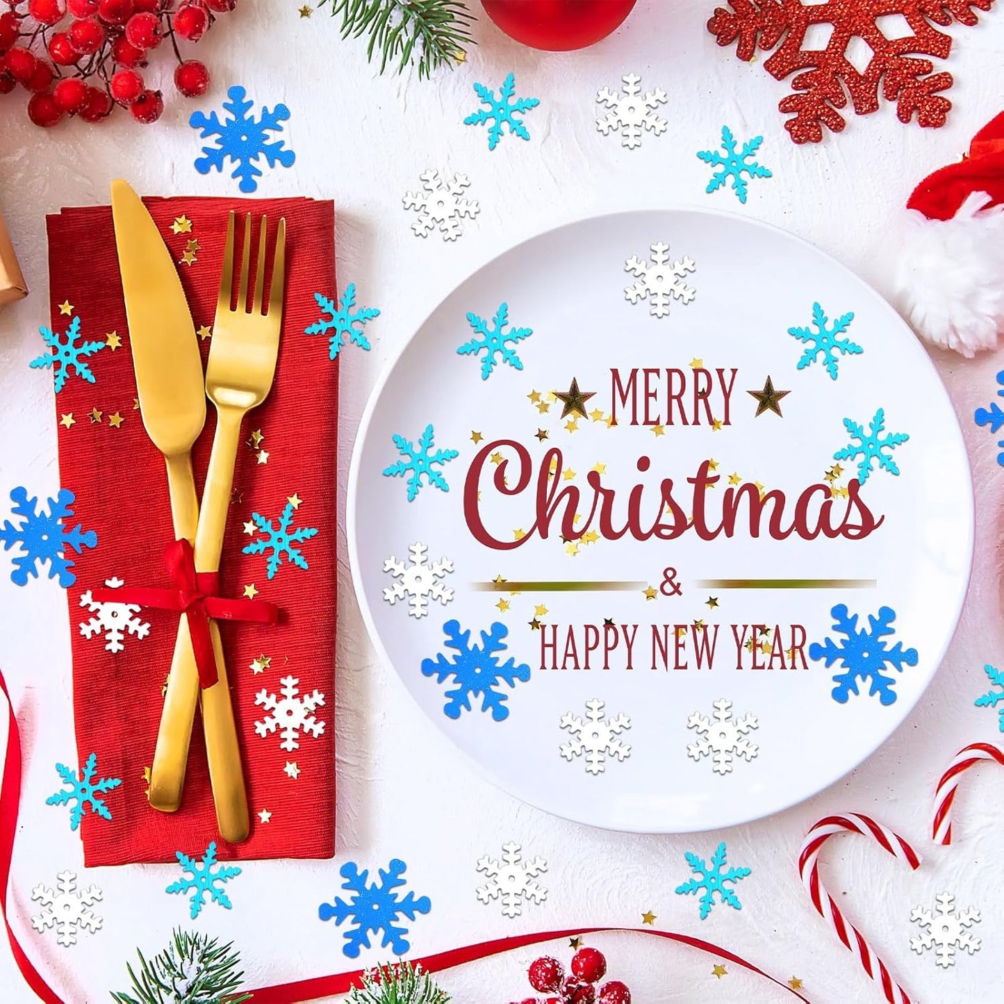 MARFOREVER Snowflake Glitter Confetti Decorations, Christmas Snowflake Metallic Foil Confetti Sprinkles Winter Wonderland Blue Gold Table Centerpiece for Wedding Supplies Snow Party Decorations