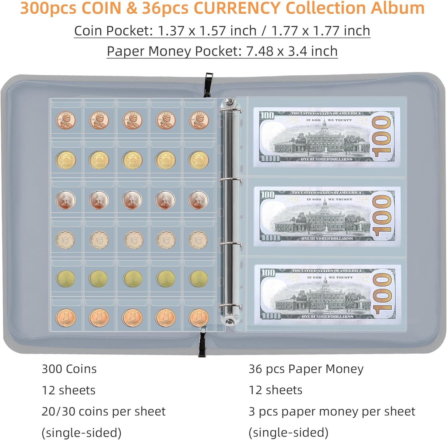 Coin Collection Book Holder for Collectors, 300 Pockets Fireproof Coins Collecting Album & 36 Sleeves Money Storage Case for Coin Currency Collection Supplies, Bill, Quarters, Stamp,Silver