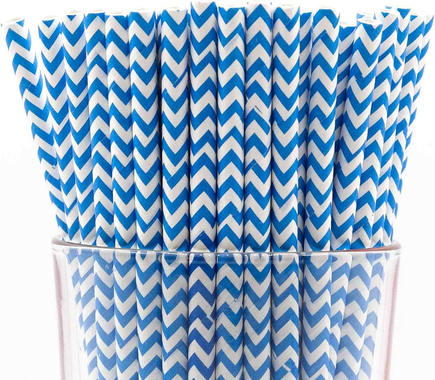 Pack of 300 Sky Blue Chevron Biodegradable 4-Ply Paper Drinking Straws (Compostable, Non-toxic, BPA-free)