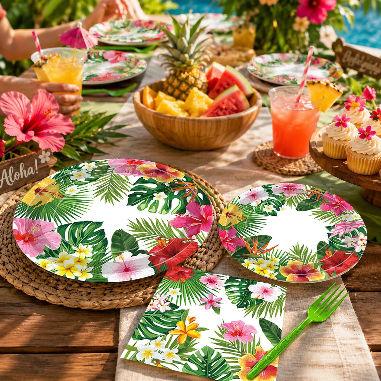 100 Pcs Tropical Luau Party Supplies Set, Serves 25 – Disposable Hibiscus Floral Paper Plates