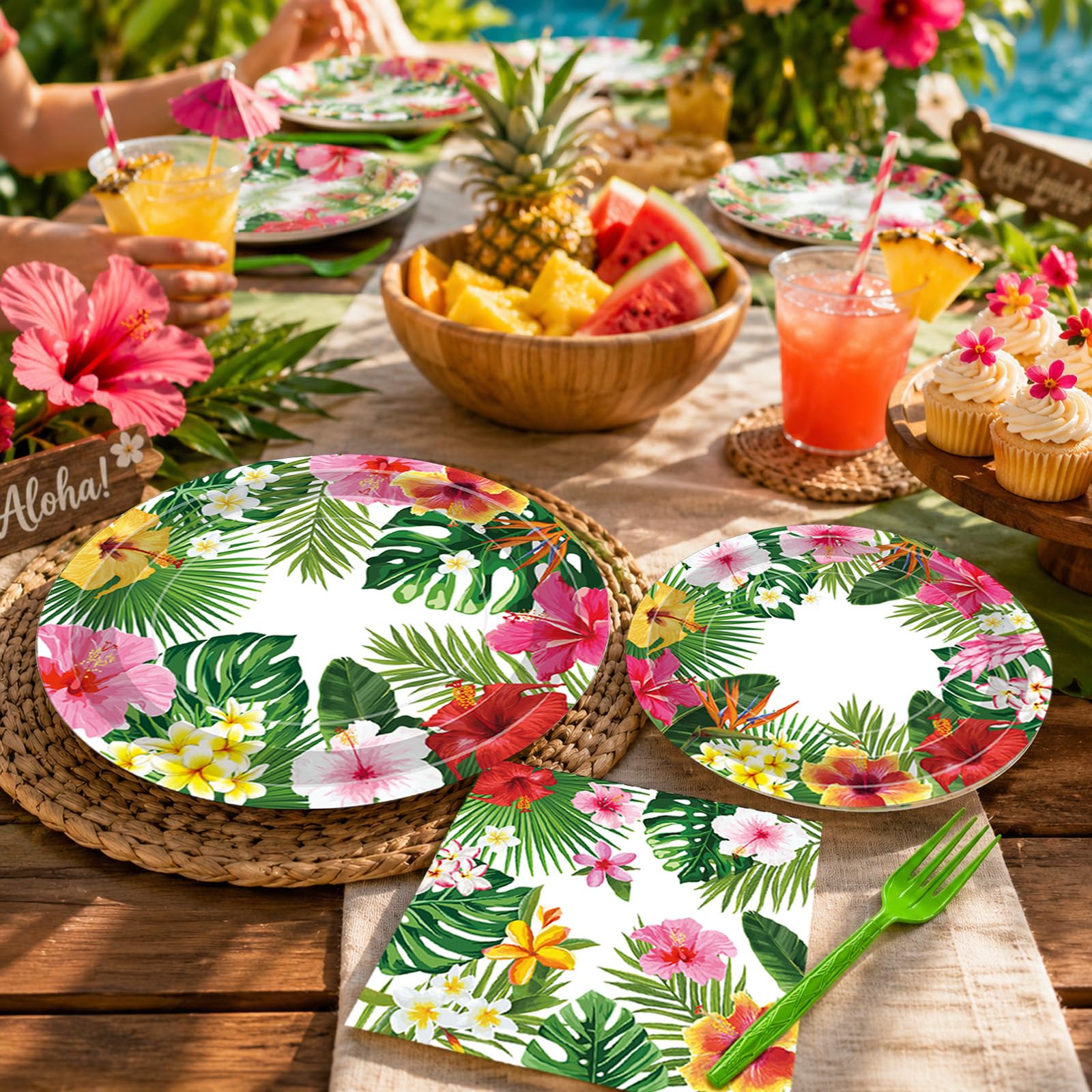 100 Pcs Tropical Luau Party Supplies Set, Serves 25 – Disposable Hibiscus Floral Paper Plates