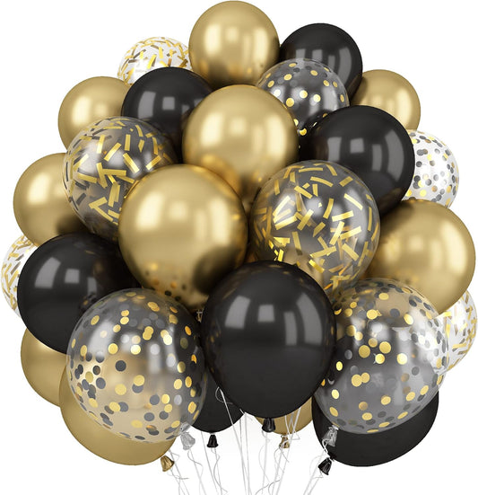 Balloons Black Gold, 60 Packs 12 Inch Black Metallic Chrome Gold Latex Balloons with Gold Confetti Balloon for Men Women Birthday Wedding Baby Shower Graduate Father's Day Anniversary Decorations