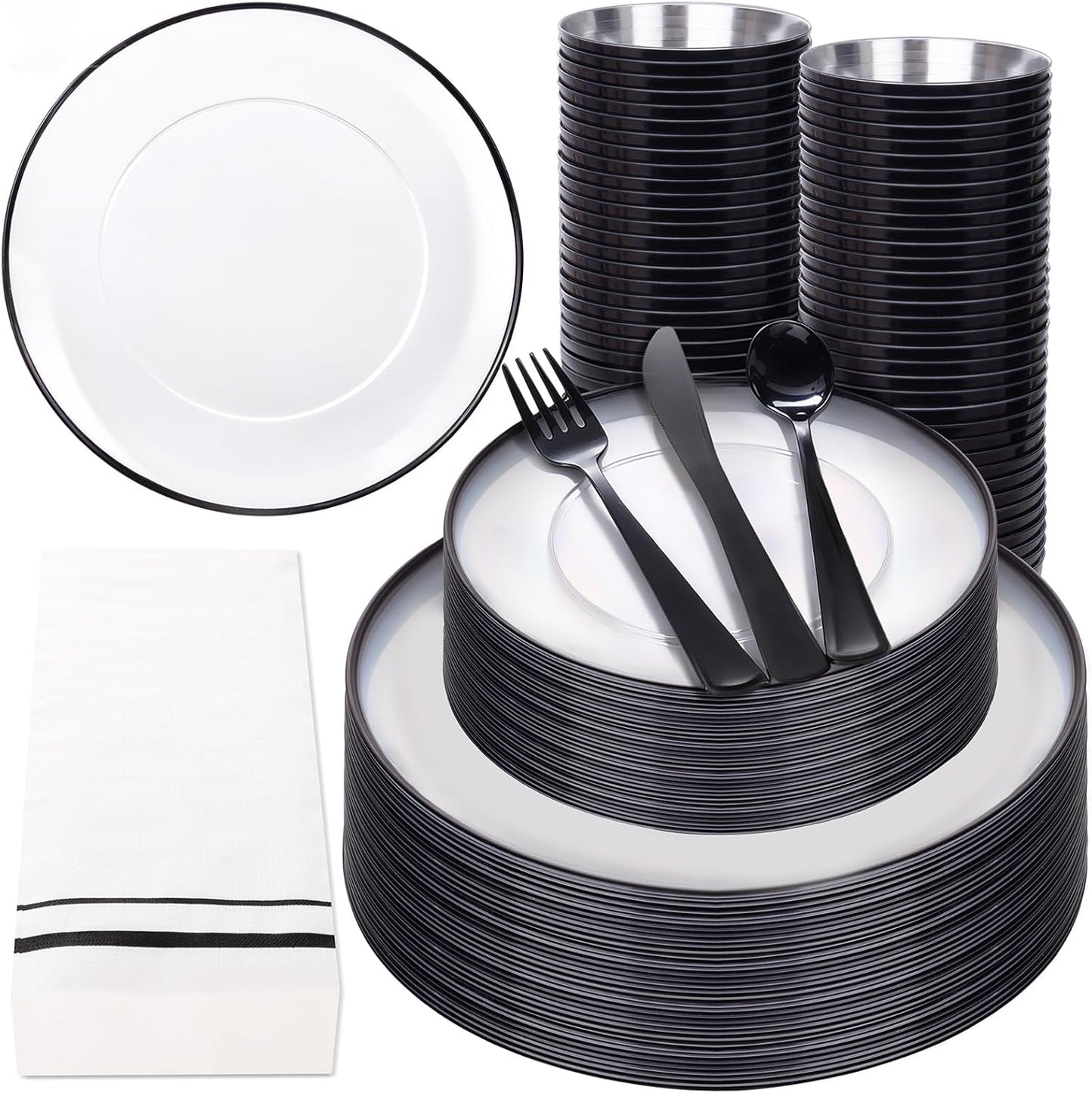 NOCCUR 350PCS Clear and Black Plastic Plates - Disposable Dinnerware Set for 50 Guests Include 100 Dinner/Dessert Plates,150 Black Cutlery,50 Cups&50 Napkins Ideal for Party, Birthday, Halloween