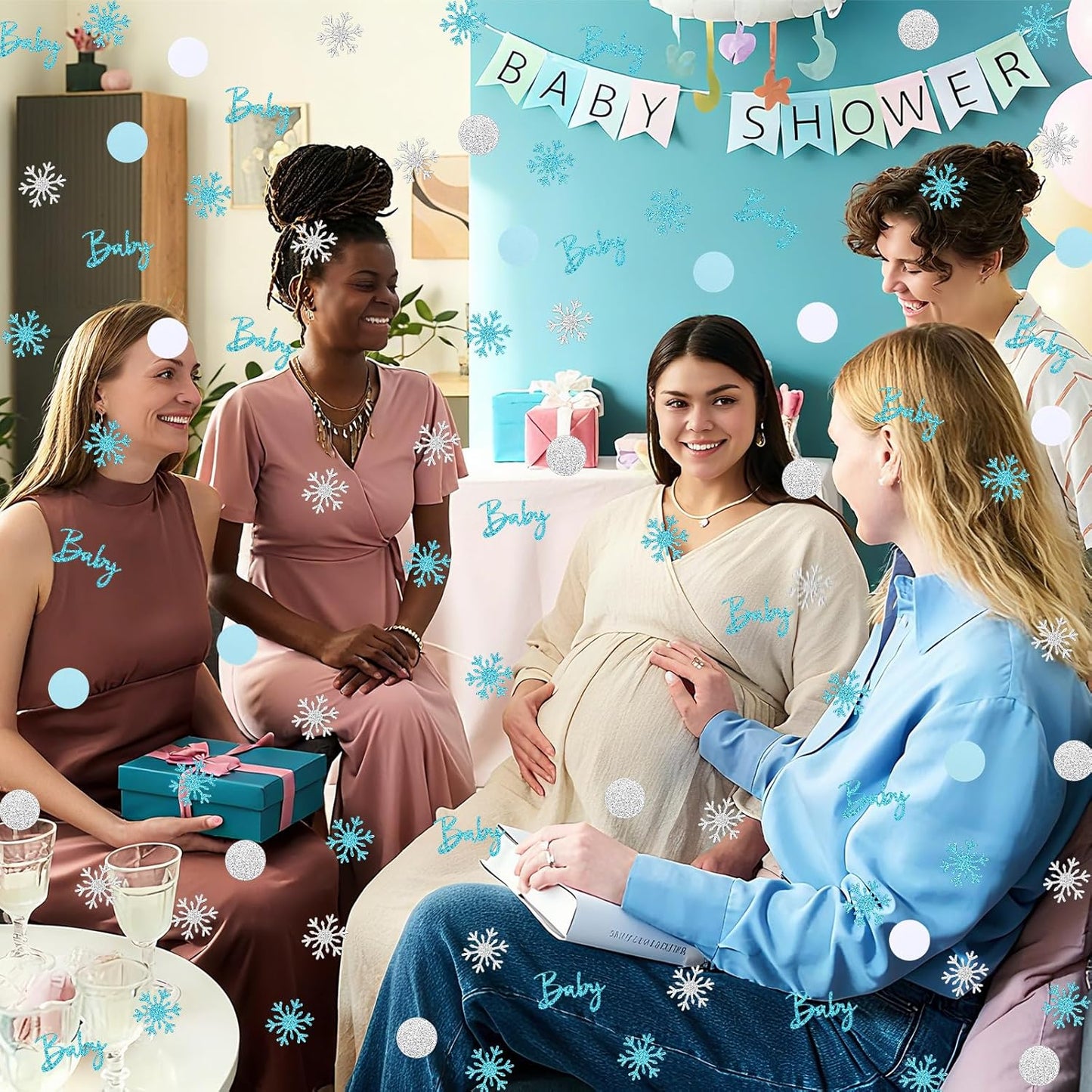 MARFOREVER Winter Shower Table Confetti, 200 Pcs Glitter Blue Silver Snowflake Table Decorations Winter Gender Reveal Party Confetti Sprinkle for Winter Birthday Party Baby Shower Decorations(Blue)