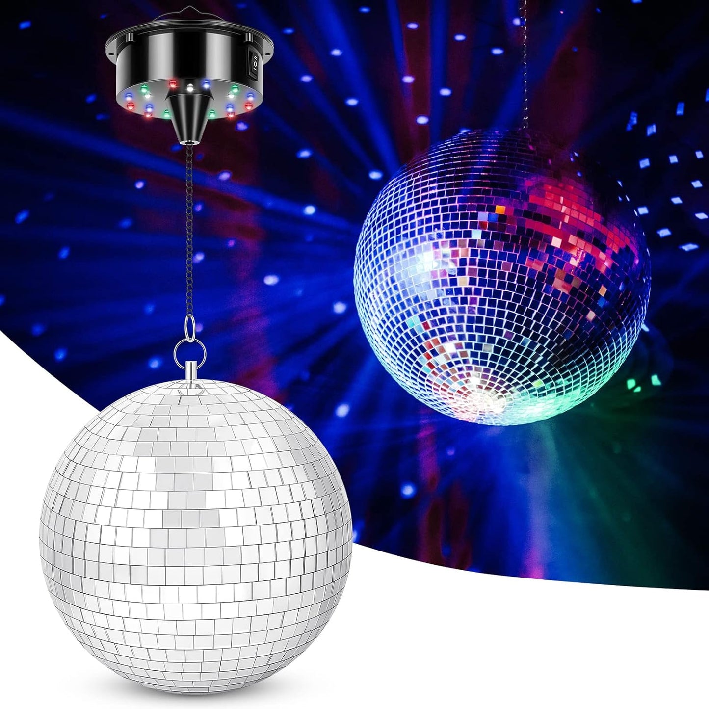 Disco Ball with Motor and Light, 8" Hanging Mirror Ball and 6RPM Batteries Powered Rotating Motor with 4 Light Colors and 18 LEDs for Disco Party Decoration, DJ Club
