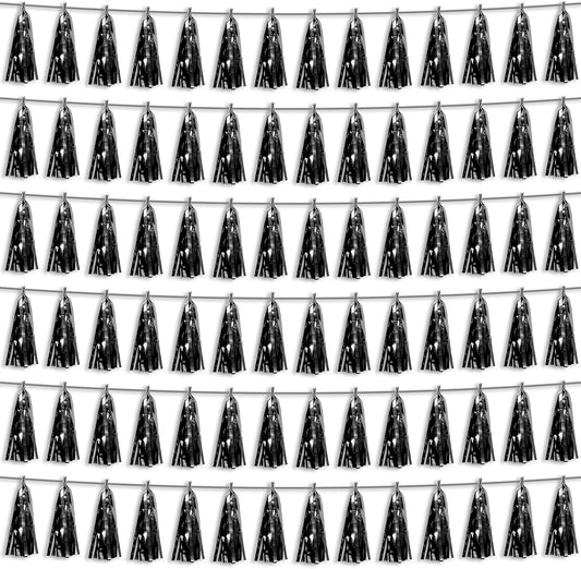 6P Black Foil Fringe Metallic Tassel Streamers Banner Tassel Garland for Parade Floats, Bachelorette, Wedding, Birthday, Graduation, Christmas, Bridal/Baby Shower Party Decorations