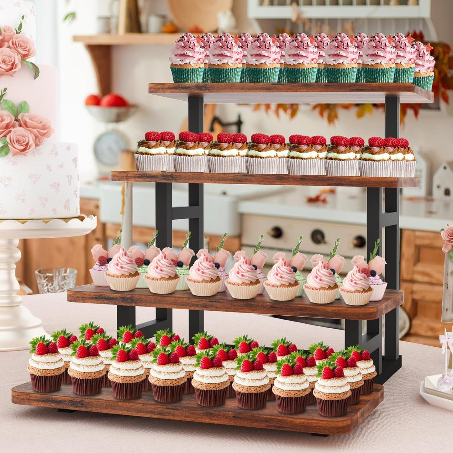 Lily Cupcake Stand for 50 Cupcakes, 2 PACK Wooden Dessert Table Display Set for Wedding Cupcake Tower, Stepped Tiered Tray Stand 4 Tier Risers Display Stands Serving Trays for Party Market Display