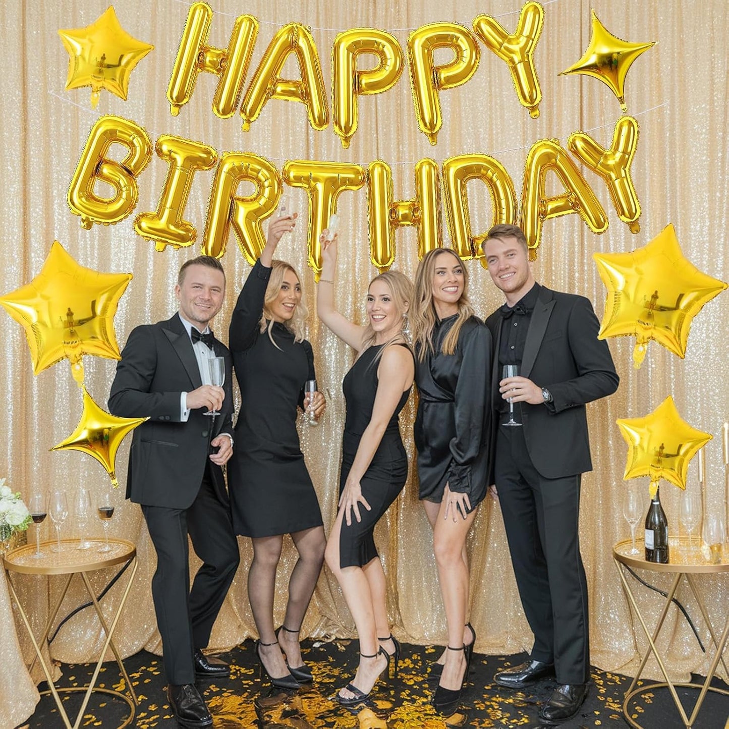 Gold Happy Birthday Balloon Banner, 16 Inch Mylar Foil Letter Balloons, Reusable Birthday Decorations with Gold Star Foil Balloons, Inflatable Party Supplies for Men Women Boys Girls Decorations