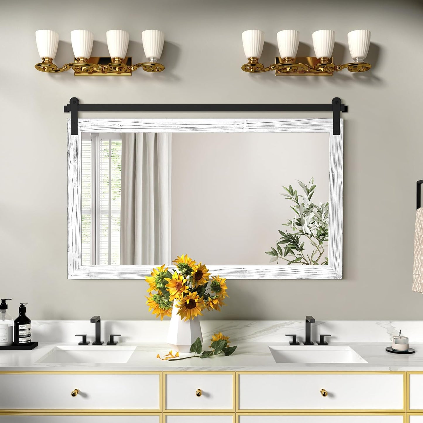 COGOOD Farmhouse Bathroom Mirror - 45 x 30 Large Rectangle Barn Door Mirror for Vanity, Bedroom, Living Room Wall Decor (White)