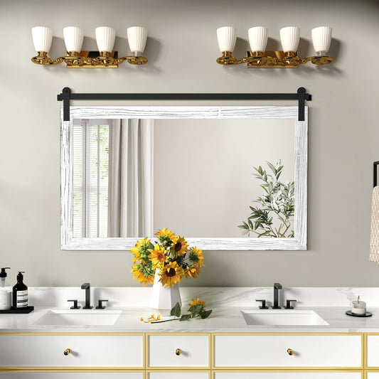 COGOOD Farmhouse Bathroom Mirror - 45 x 30 Large Rectangle Barn Door Mirror for Vanity, Bedroom, Living Room Wall Decor (White)
