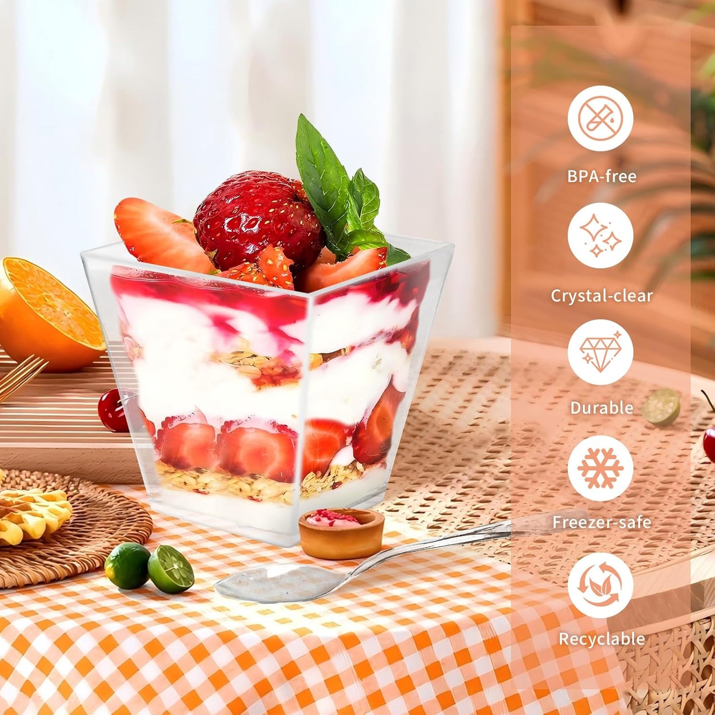 50 Pack 5 oz Clear Plastic Square Dessert Cups with Spoons，Mini Disposable Parfait Cups for Yogurt, Ice Cream and Tasting，Serving Cups for Appetizer，Pudding，Party (5 oz)
