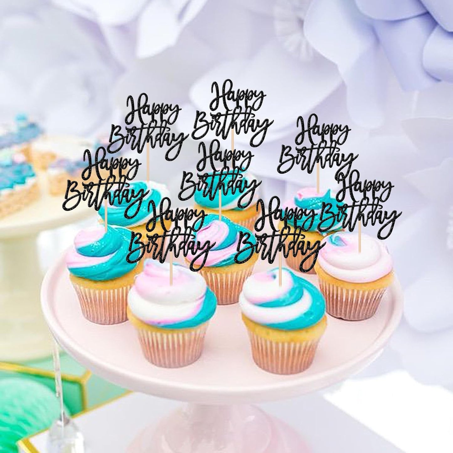 24 PCS Glitter Cupcake Toppers - Happy Birthday & Anniversary Cake Decorations - Black