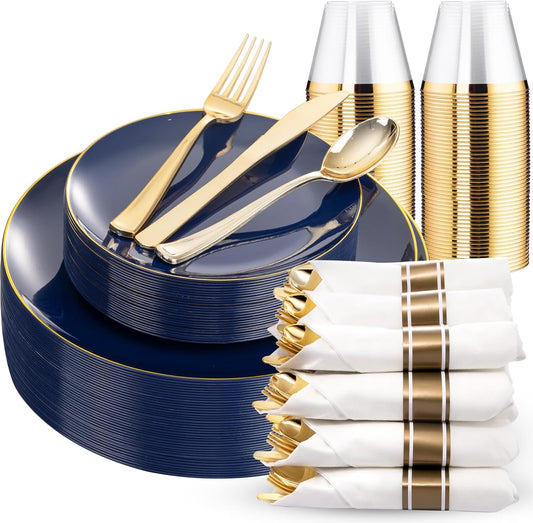 KIRE 175Pcs Blue Plastic Plates - Navy Blue Plates Disposable - 25 for Dinner 25 for Dessert 25 Pre Rolled Napkins with Gold Plastic Silverware and 25 Cups for Birthday Party/Wedding