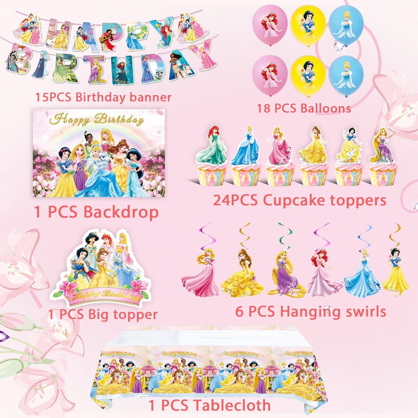Princess Birthday Party Supplies, Party Decorations Set Include Banner, Backdrop, Balloons, Hanging
