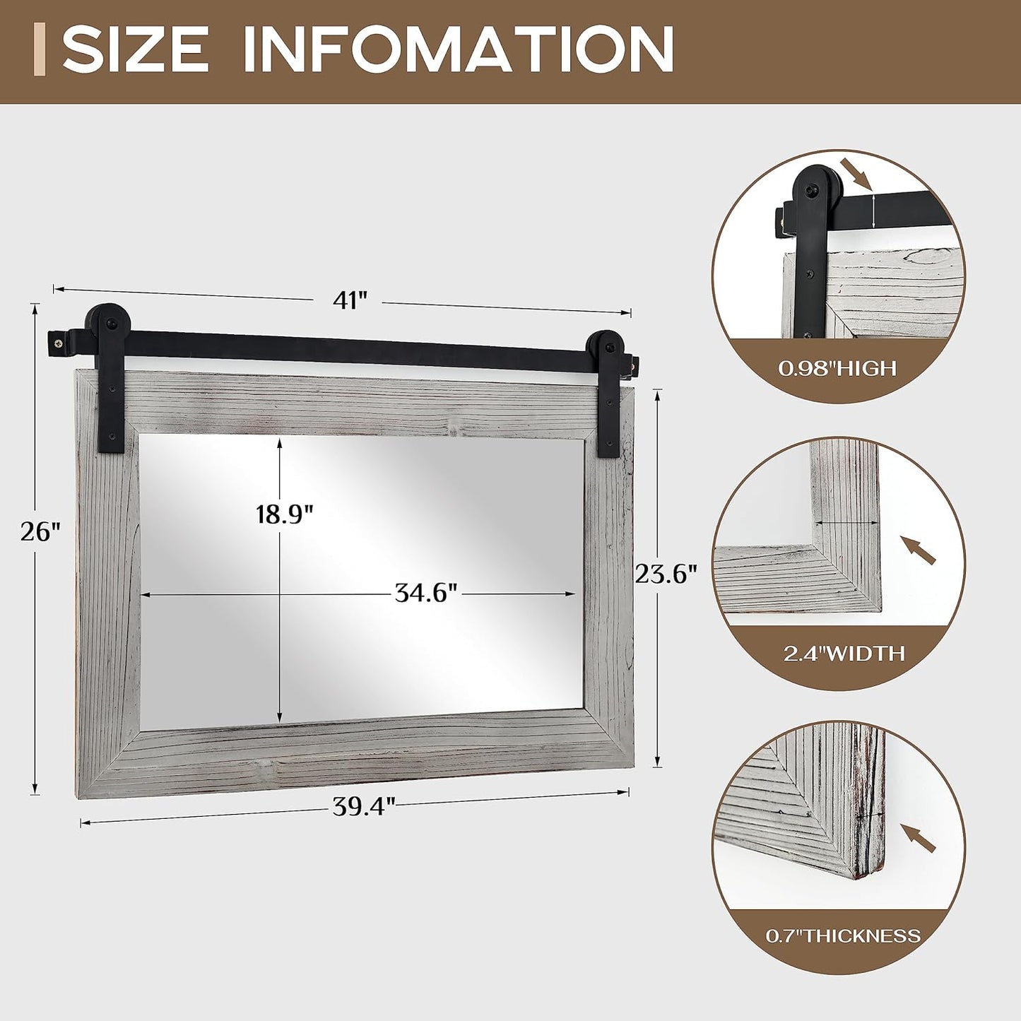 COGOOD Farmhouse Barn Door Mirror - 41" x 26" Rustic Wood Framed Wall Mirror for Bathroom, Living Room, Entryway Wall Decor (Grey)