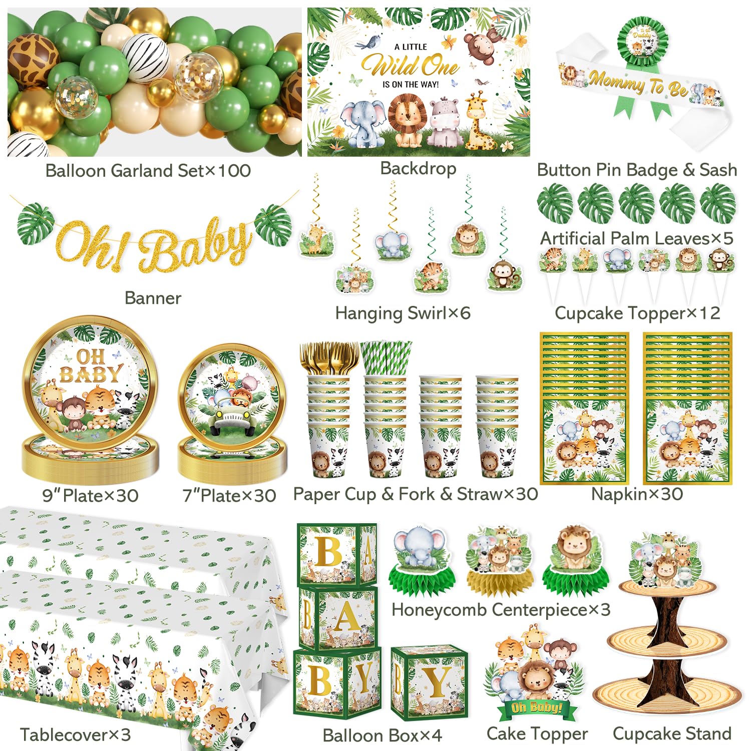 Safari Baby Shower Decorations Decorations, All-in-One Set for 30 Guests