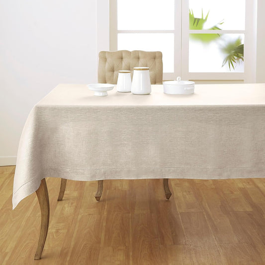 Solino Home Light Natural Linen Tablecloth 60 x 108 Inch - Classic Hemstitch, 100% Pure Linen Rectangular Tablecloth - Machine Washable Table Cloth for Fall, Autumn, Thanksgiving, Christmas, Holiday