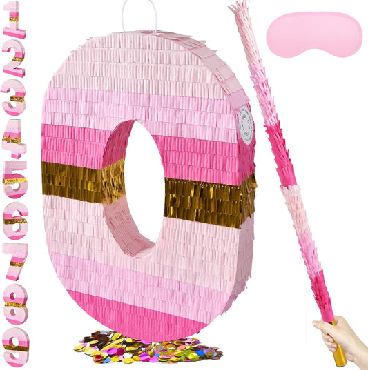 PCFING 20 Inch Number 0 Piñata Pink Gold with 30 Inch Piñata Stick Blindfold Confetti for Boys Girls Adults Birthday Party Decorations, Anniversary Celebration, Fiesta