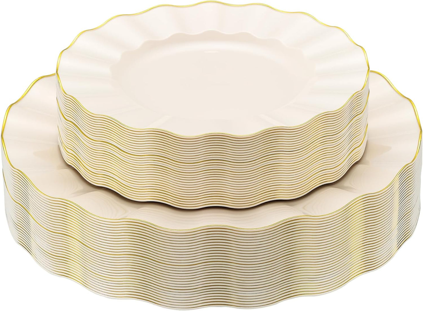 60Pcs Heavy Weight Ivory Plastic Plates with Gold Trim, Heavy Duty Wedding Plates, Elegant Disposable Plate Sets include 30 10" Dinner & 30 7" Dessert Plates for Party & Wedding(30 Guests)