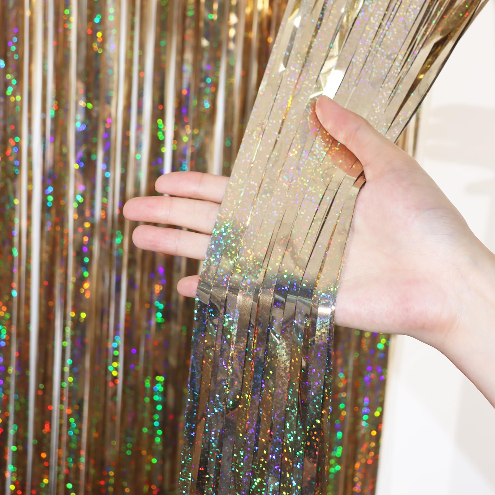 Voircoloria Champagne Foil Fringe Backdrop Curtains, 3.3x6.6ft, 3pcs
