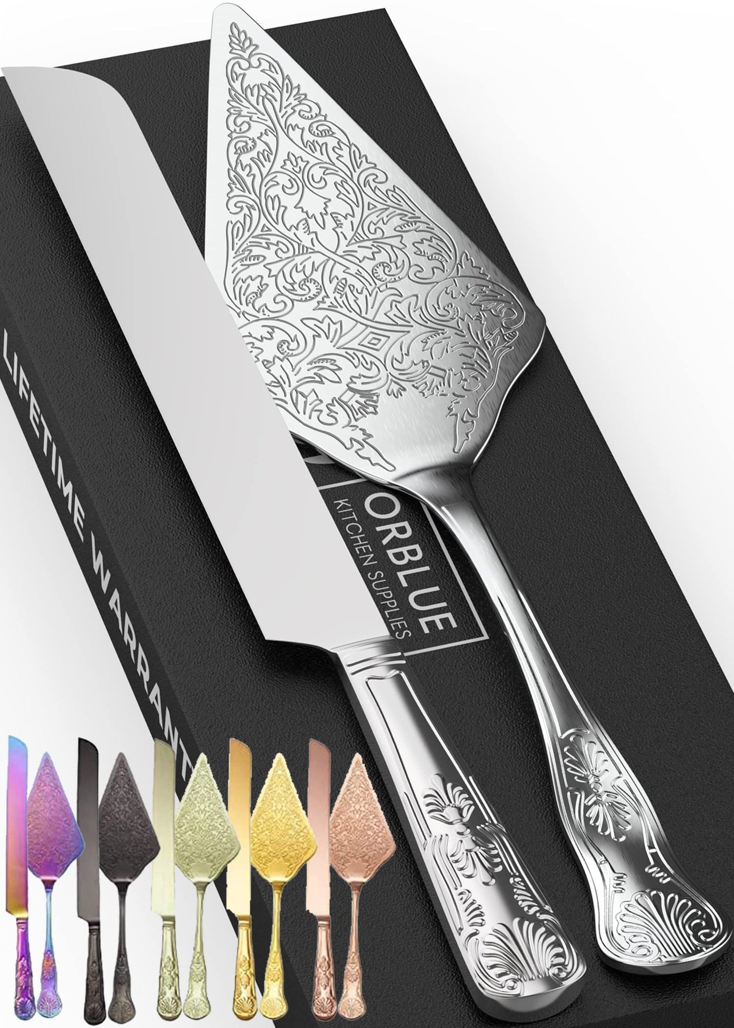 Orblue Wedding Cake Knife and Server Set - Premium, Beautifully Engraved Cutting Set - Elegant