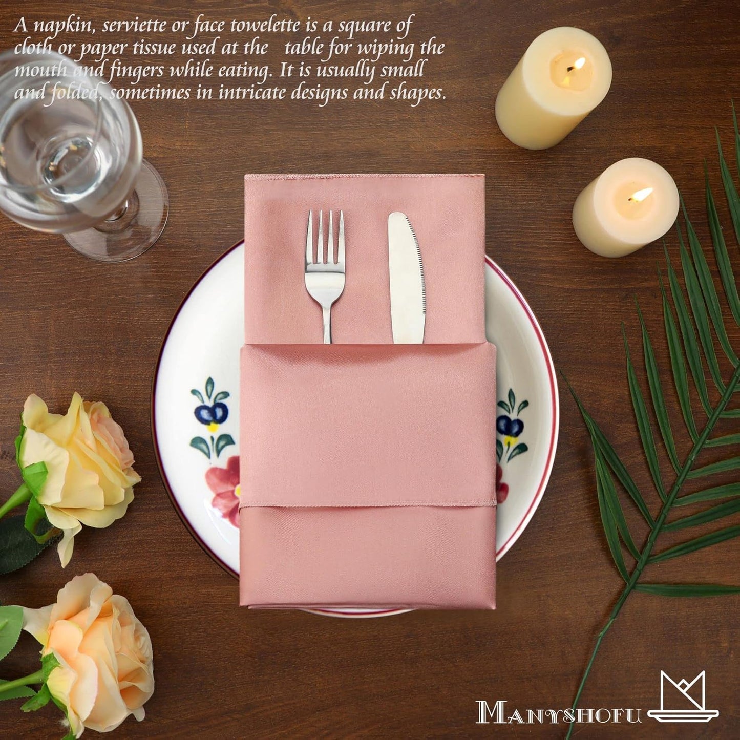 Manyshofu 60 Pieces Rose Gold Satin Napkins - 20x20 Inches Cloth Napkins, Square Satin Fabric Napkins Set - Soft & Reusable Table Napkin for Wedding Dinner Party Lunch Banquet Restaurant Decoration