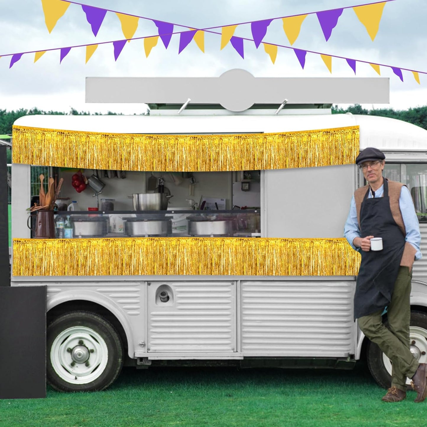 4 Pack 10 Feet Gold Foil Fringe Garland Metallic Tinsel Streamers Banner Wall Hanging Curtain Backdrop for Parade Floats, Wedding, Graduate, Mother's Day, Birthday Party Decoration