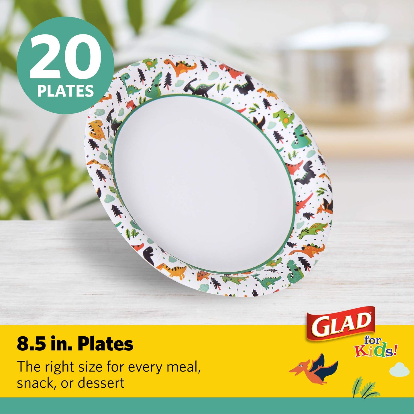 Glad for Kids Disposable Paper Plates, Dinosaurs, 8.5 Inch, 20 Count
