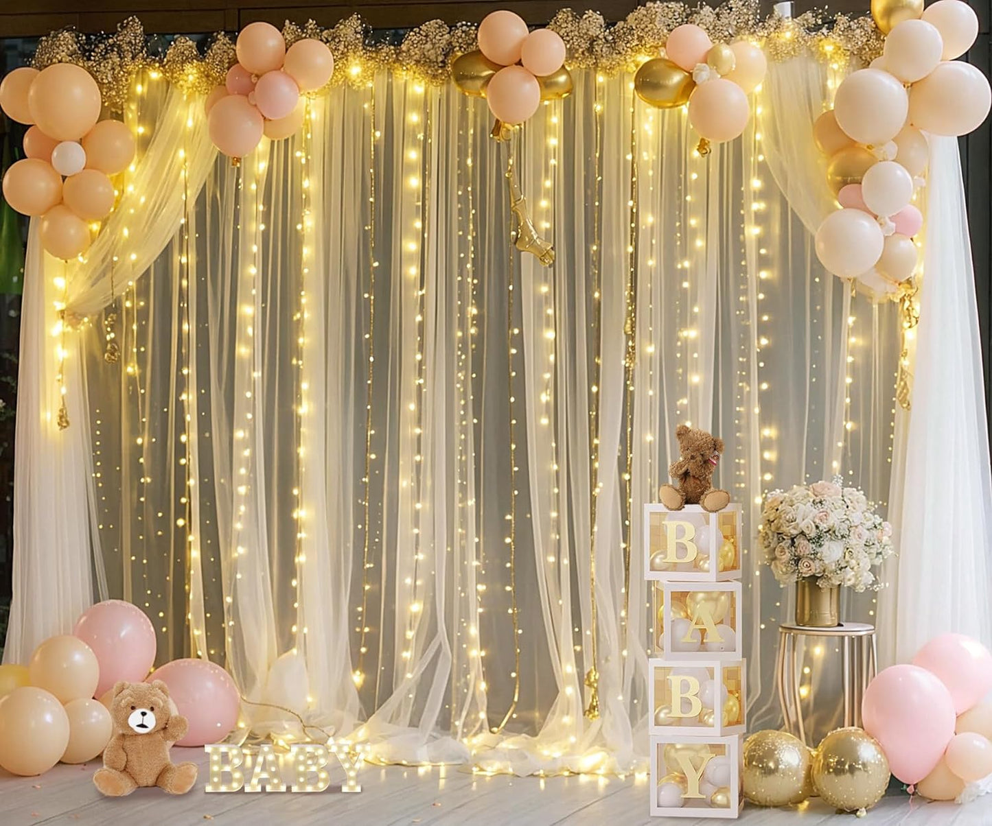 Champagne Tulle Backdrop Curtain with Lights String for Parites Wedding 10x8ft Champagne Sheer Backdrop Curtains for Bridal Shower Baby Shower Birthday Party Photo Booth Background Decorations
