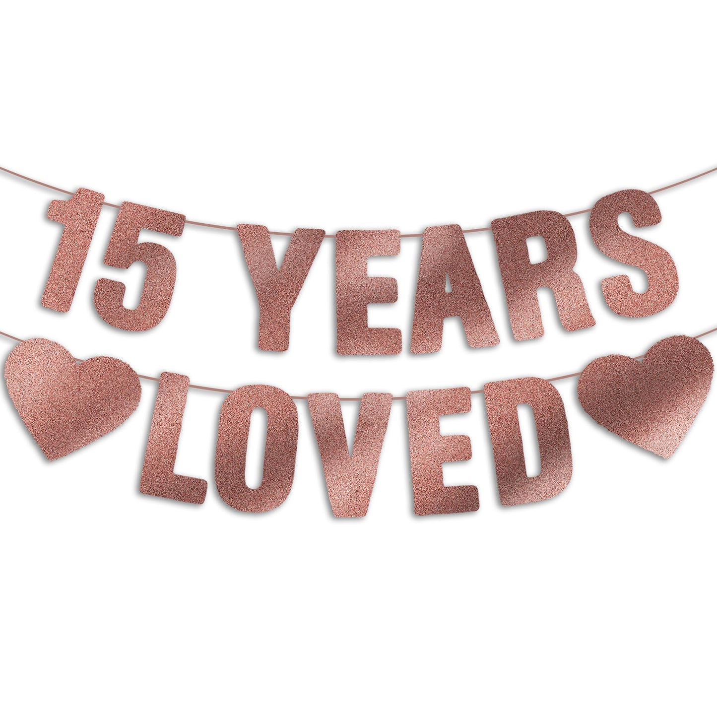 15th Birthday Party Decorations for Girls, Pre-Strung 15 YEARS LOVED Banner - Rose Gold Glitter