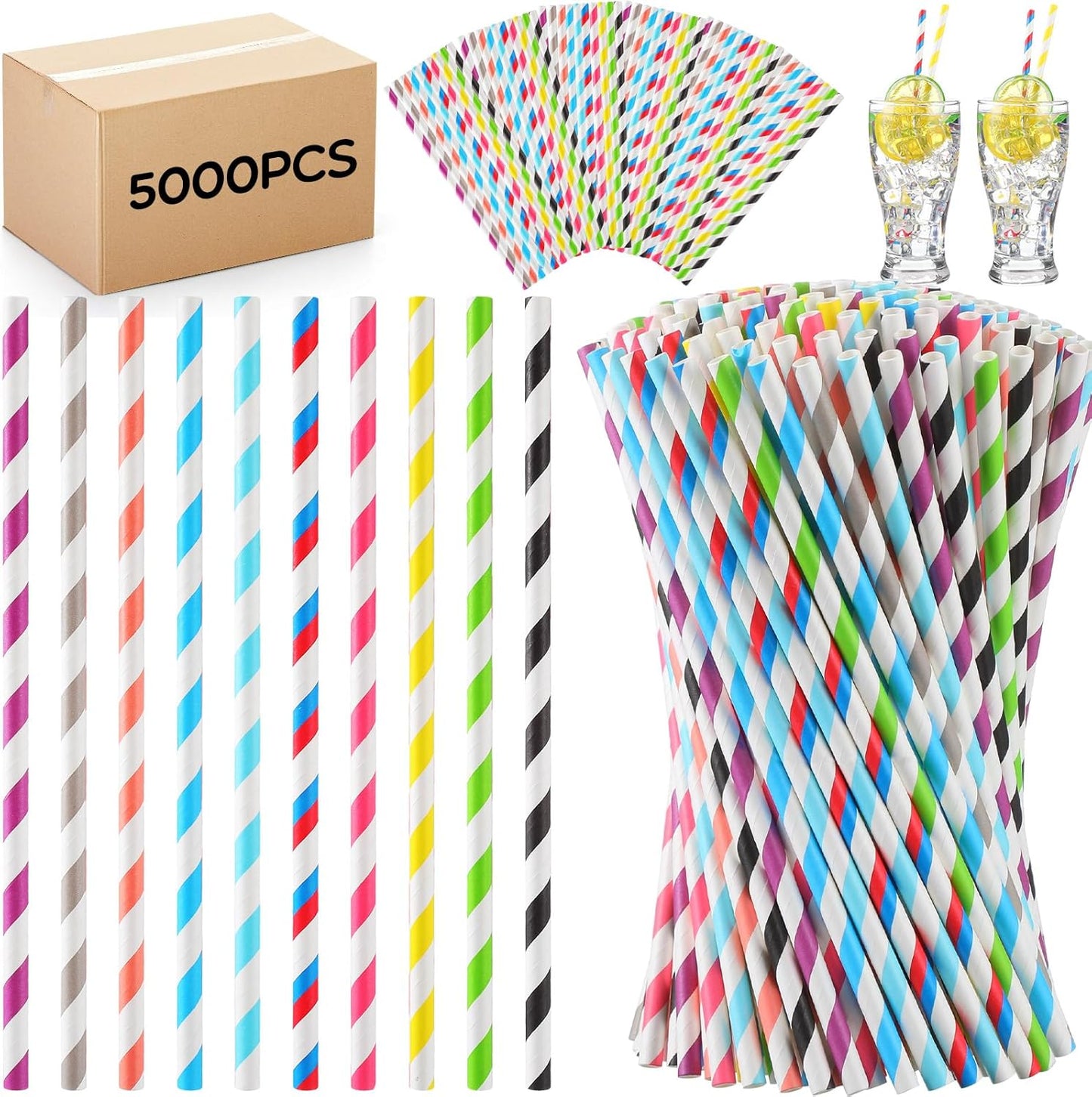 Eaasty 5000 Pcs Colored Paper Straws Bulk Disposable Striped Drinking Paper Straws for Summer Juice, Shakes, Cocktail,7.87 Inches, 0.24'' Diameter