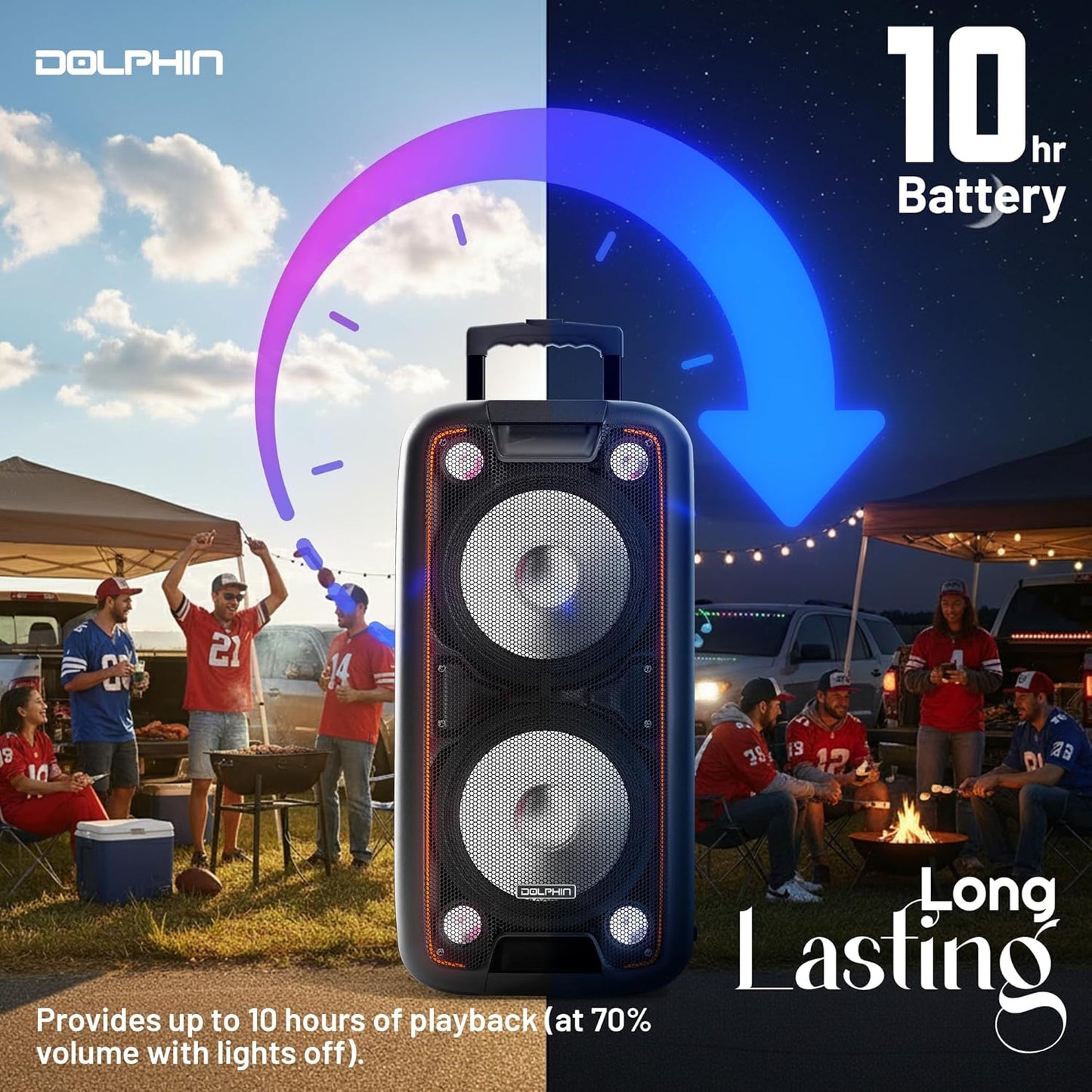 Dolphin 1000W Karaoke Party Speaker with 2 Wireless Microphones, Bluetooth, LED Lights, Tailgate Ready, and Long-Lasting Battery