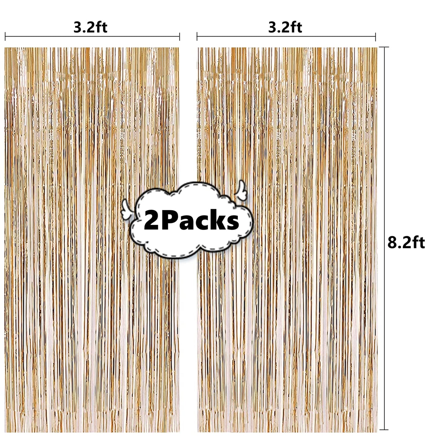 2 Pcs 3.2ft x 8.2ft Champagne Gold Metallic Tinsel Foil Fringe Curtains Photo Booth Backdrop for