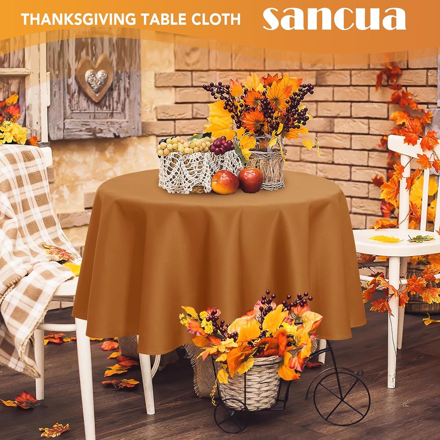 sancua Round Tablecloth 90 Inch - Water Resistant Spill Proof Washable Polyester Fall Table Cloth Decorative Fabric Table Cover for Dining Tables, Thanksgiving Parties and Camping, Bronze