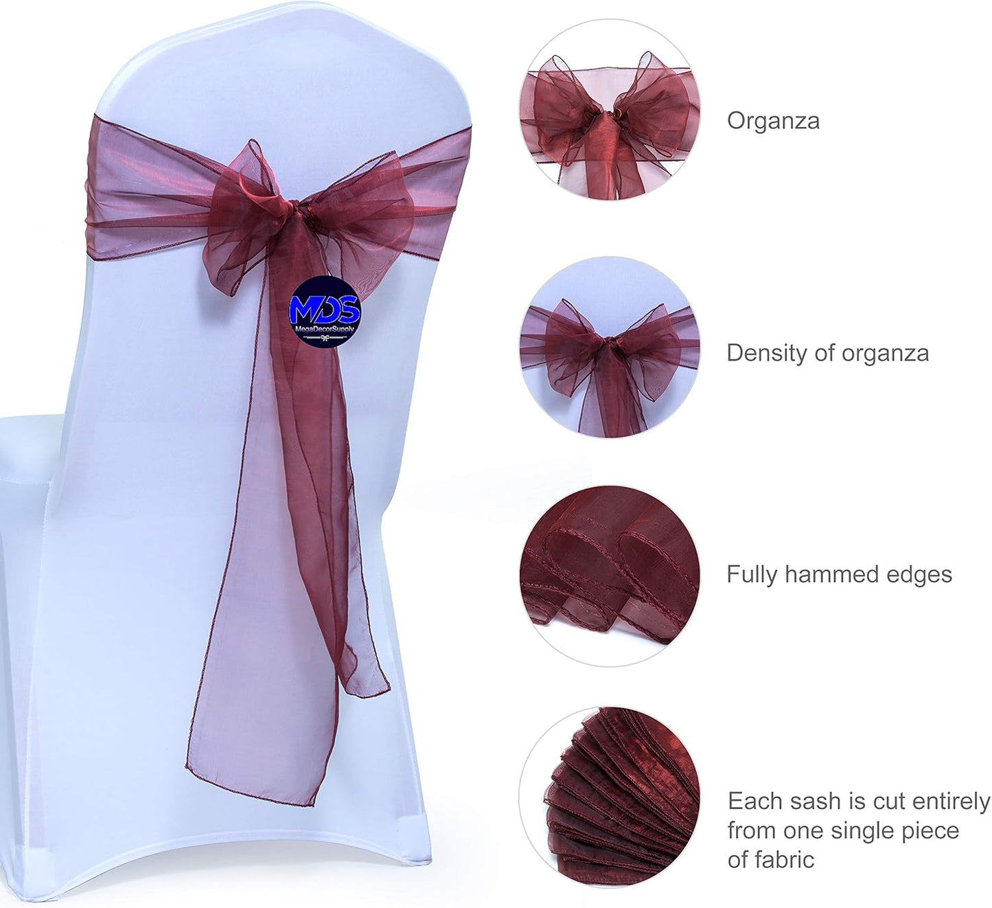 MDS Pack of 100 PCS Organza Chair Sashes Wider Dining Chair Bows Ribbon Tie Back for Wedding Party Birthday Bridal Shower Reception Event Banquet Home Chair Cover Decoration - Burgundy