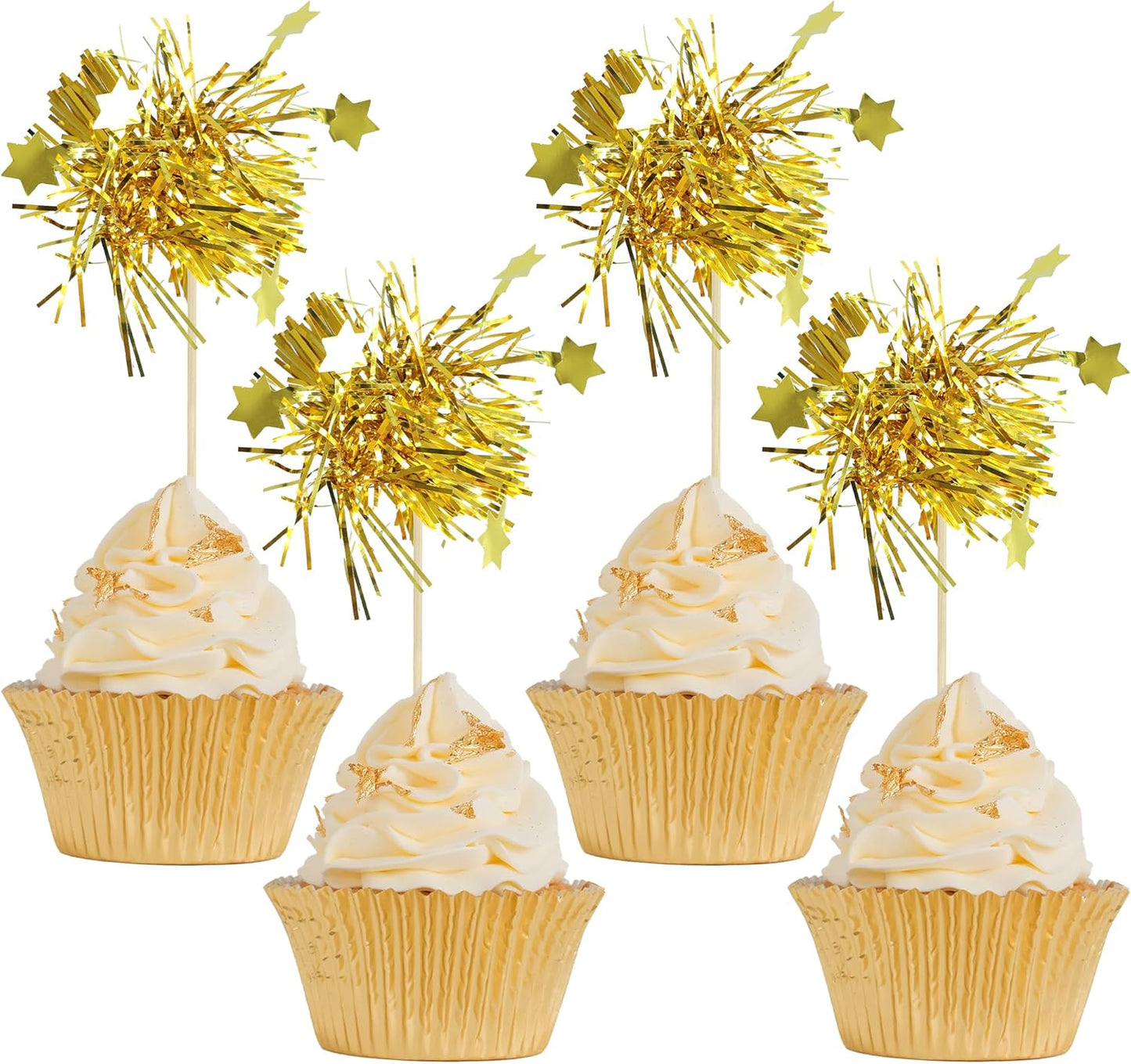 Gyufise 30Pcs Star Foil Firework Cupcake Toppers Sparkle Tinsel Cake Toppers Tinsel Drink Cake Decoration Cocktail Picks for Birthday Wedding Graduation Party Supplies Gold